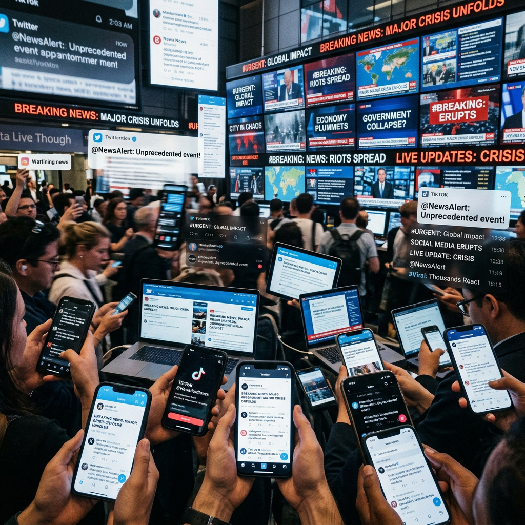 Crowd monitoring breaking news and social media updates on phones, laptops, and large screens