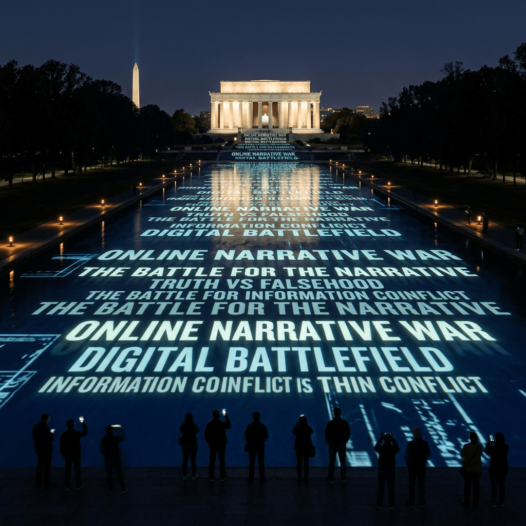 Illuminated projection of text about online narrative war and digital battlefield on the Lincoln Memorial Reflecting Pool with onlookers