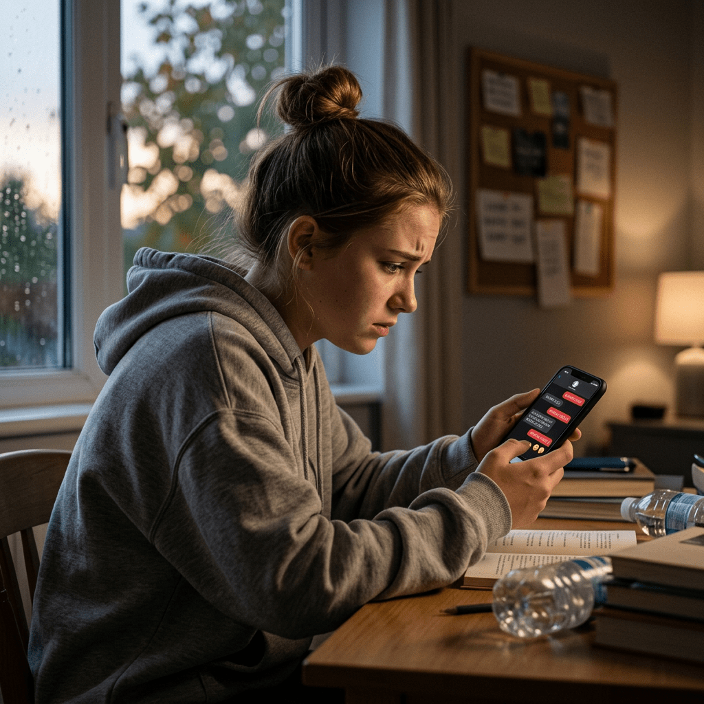 Teenage girl sitting at a desk, looking worried while reading messages on her smartphone