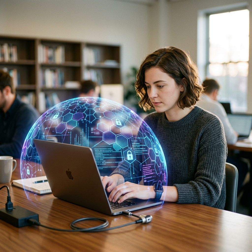 Young woman using laptop with digital cybersecurity shield overlay