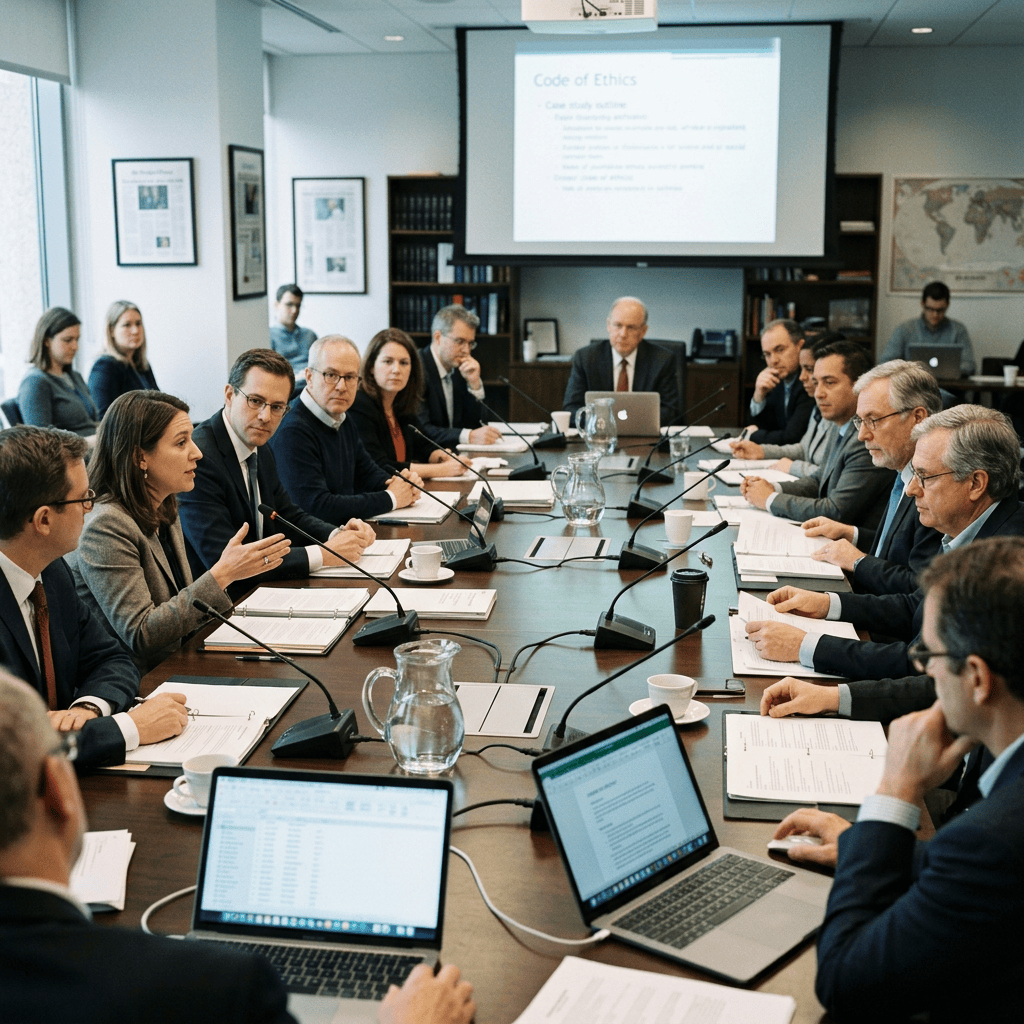 Boardroom meeting with professionals discussing company ethics and reviewing documents
