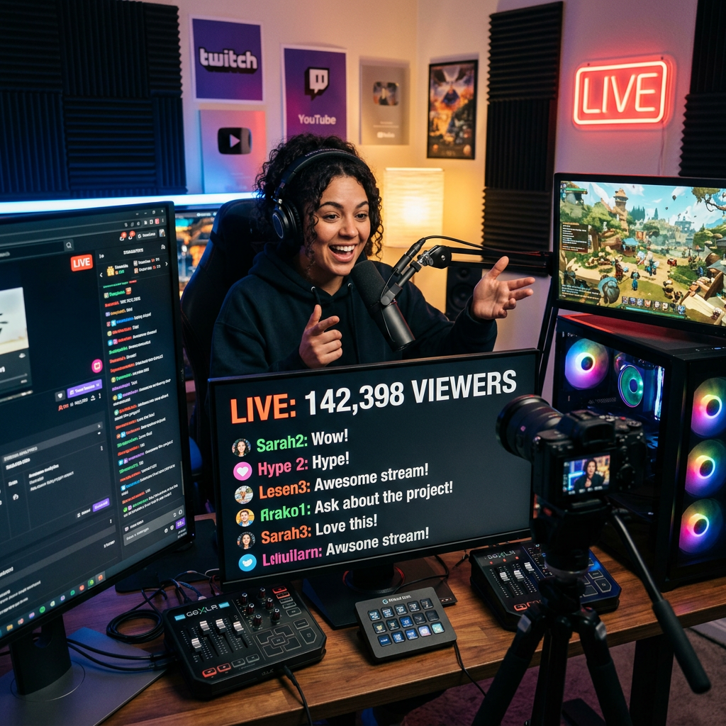 Gamer live streaming a video game with viewer chat and equipment