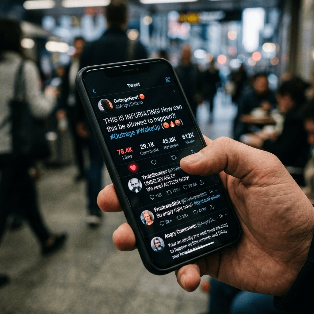 Hand holding smartphone showing a tweet expressing outrage with many likes and retweets