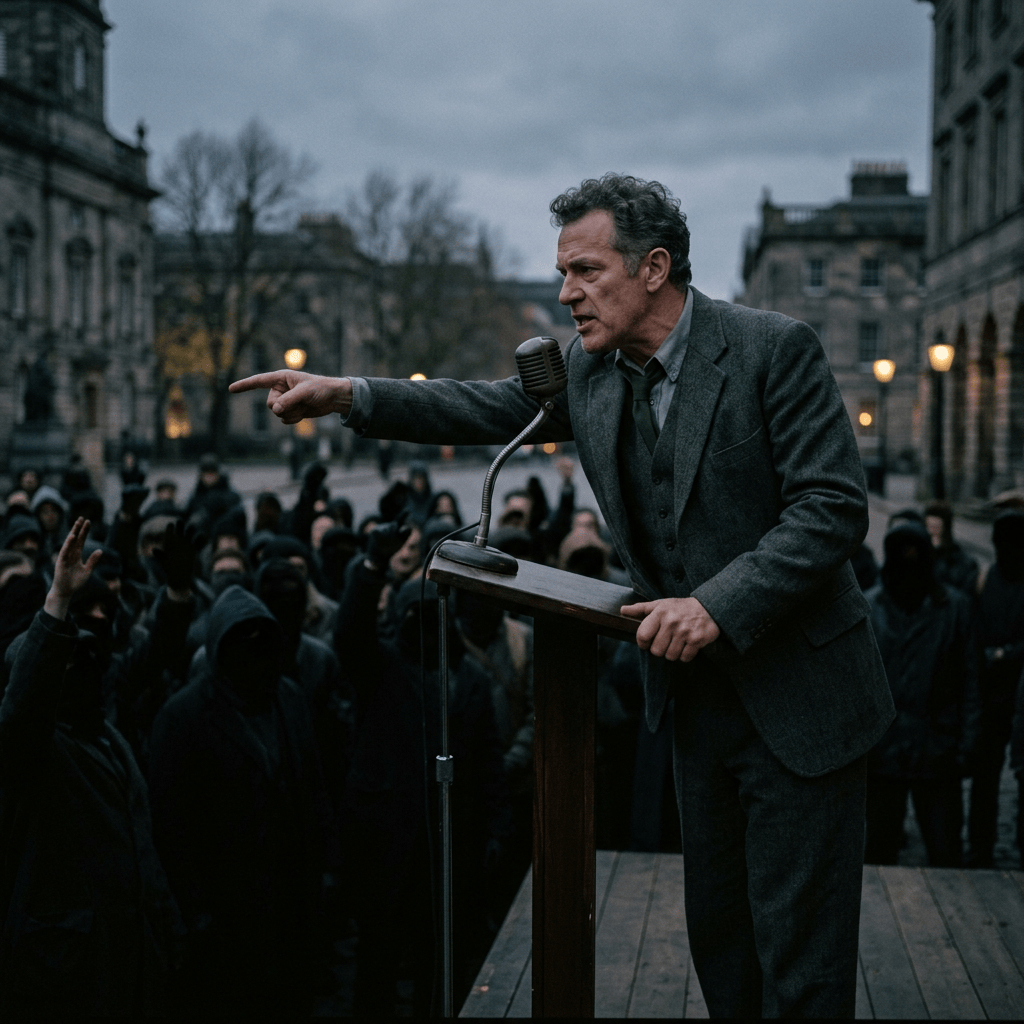Man in gray suit passionately speaking at podium to crowd outdoors
